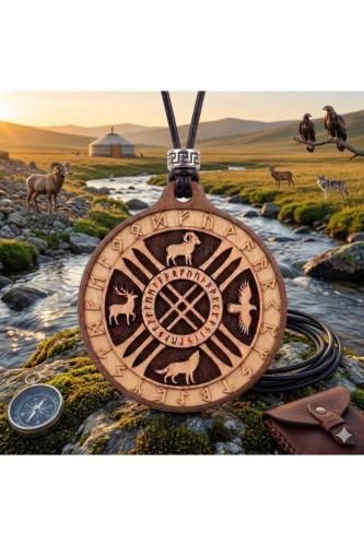 Göktürkçe Ahşap Erkek Kolye Şaman Tengri Rün ve Totem Sembollü Hayvan Totemleri