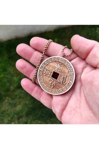 Çin Feng Shui Büyük Şans Parası Delik Ahşap Kolye Ucu El Yapımı Ahşap 5.5 cm