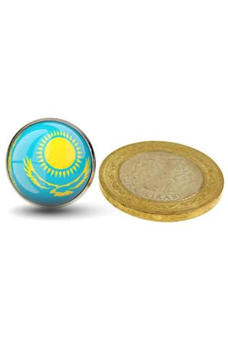 Kazakistan (Kazakhstan) Bayrak Rozeti - Paslanmaz Çelik Yuvarlak Yaka Rozeti