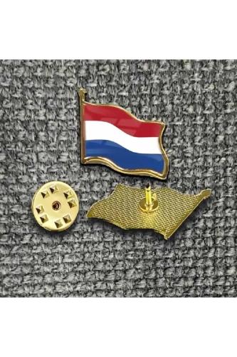 Hollanda (Netherlands) Bayrak Rozeti - Altın Renk Metal Şekilli Yaka Rozeti