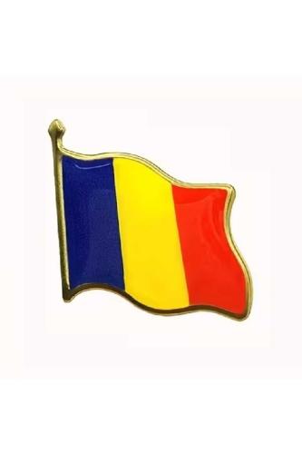 Romanya (Romania) Bayrak Rozeti - Altın Renk Metal Şekilli Yaka Rozeti