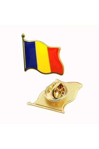 Romanya (Romania) Bayrak Rozeti - Altın Renk Metal Şekilli Yaka Rozeti