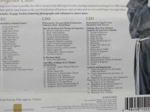 Gregorian Chant 3 CD Set, Deluxe Edition ©2003... Relaxing, Spiritual Music.. The Soho Collection.. Orlando Consort, David Flood, Cappella Nova - Alan Tavaner