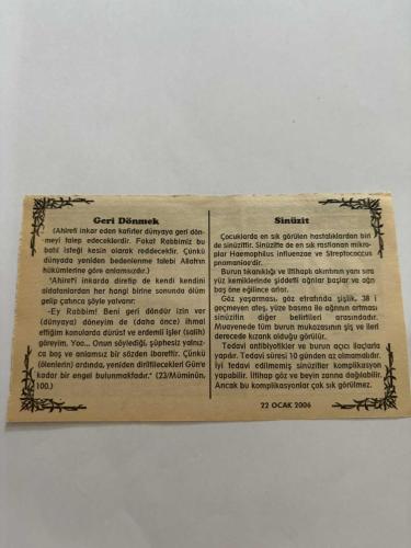 22 Ocak 2006-Orijinal Takvim Yaprağı-Doğum Günü-Söz,Nişan,Nikâh,Düğün ve Önemli Günler Hediyesi-Bizim Anadolu Takvimleri-Ayet,Hadis (Zümer:52)-Radaniye Zaferi(1517)-Recai,Berire-Geri Dönmek-Sinüzit