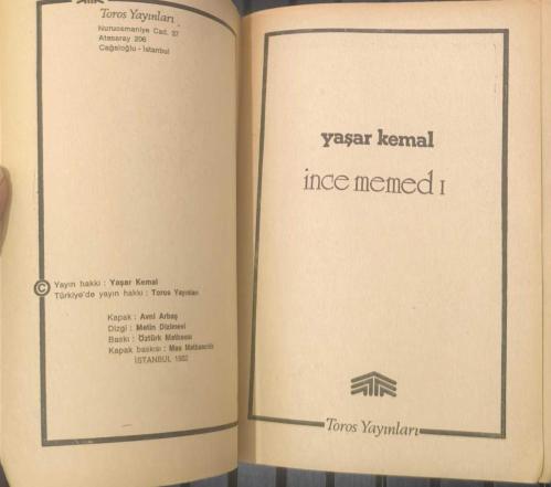 İnce Memed I – Yaşar Kemal | Toros Yayınları 1982 Baskı