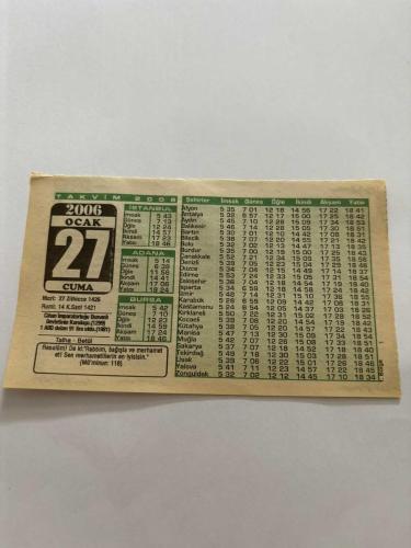 27 Ocak 2006-Orijinal Takvim Yaprağı-Doğum Günü-Söz,Nişan,Nikâh,Düğün ve Önemli Günler Hediyesi-Bizim Anadolu Takvimleri-Ayet,Hadis (Mü'minun:118)-Cihan İmparatorluğu Osmanlı Devletinin Kuruluşu(1299)-1 ABD Doları 91 Lira oldu(1981)-Talha,Betül-İcabeti Hak Eden Dualar-Kabul Görmeyen Dualar-Dünyayı Önceleme Hatası