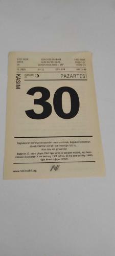 30 Kasım 2015-Orijinal Takvim Yaprağı-Doğum Günü-Söz,Nişan,Nikâh,Düğün ve Önemli Günler Hediyesi-Nesin Vakfı Takvimi-Baştan'ın 17. sayısı çıkıyor; Rıfat ligaz sahibi ve yazişleri müdürü, Aziz Nesin müessisi ve sekreteri: 4 bin basılmış, 1500 satmış, 50 lira zarar edilmiş (1948) Oğlu Ahmet doğuyor (1957).-Kargaların Seçtiği Padişah-Aziz Nesin'in Memleketin Birinde adlı kitabından.