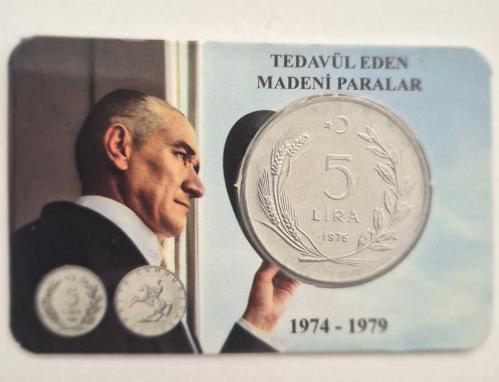 5  Türk Lirası 1974 - 1979 Dönemi Madeni Beş Türk Lirası Özel  Tanıtım Kartları Kapaması  içinde  Çil Kondisyon