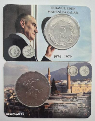 5  Türk Lirası 1974 - 1979 Dönemi Madeni Beş Türk Lirası Özel  Tanıtım Kartları Kapaması  içinde  Çil Kondisyon