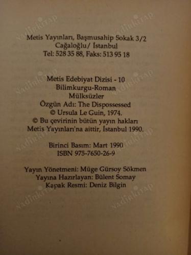 MÜLKSÜZLER - METİS BİLİM KURGU-İlk Baskı