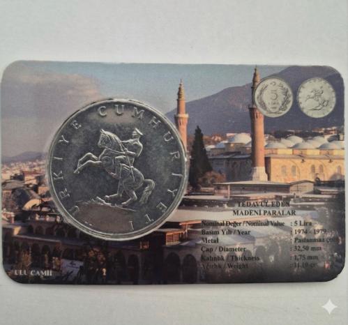 5  Türk Lirası 1974 - 1979 Dönemi Madeni Beş Türk Lirası Özel  Tanıtım Kartları Kapaması  içinde  Çil Kondisyon