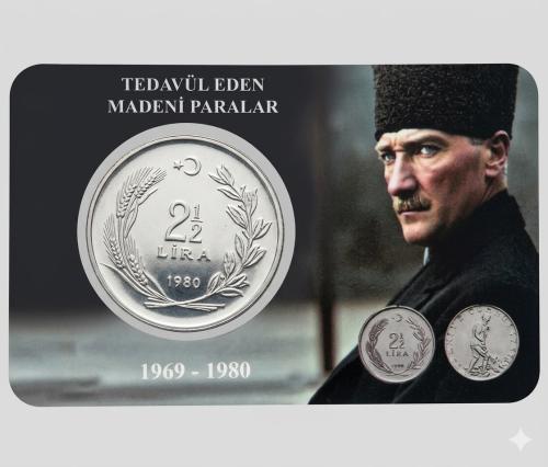 2,5 Türk Lirası 1969 - 1980 Dönemi Madeni İki,buçuk Türk Lirası Özel  Tanıtım Kartları Kapaması  içinde  Çil Kondisyon