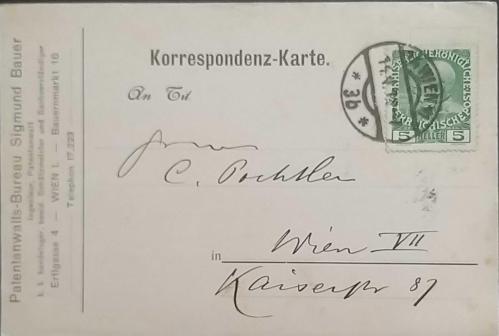 İsviçre 1913 Patent Kartpostalı Viyana'da kullanılmış ,Nadir.