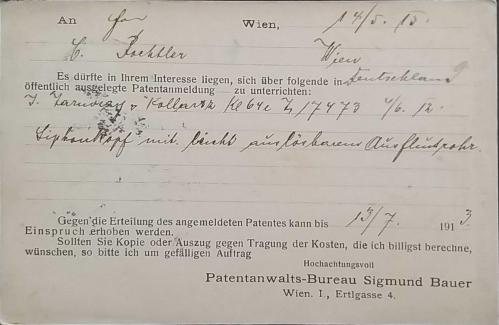 İsviçre 1913 Patent Kartpostalı Viyana'da kullanılmış ,Nadir.