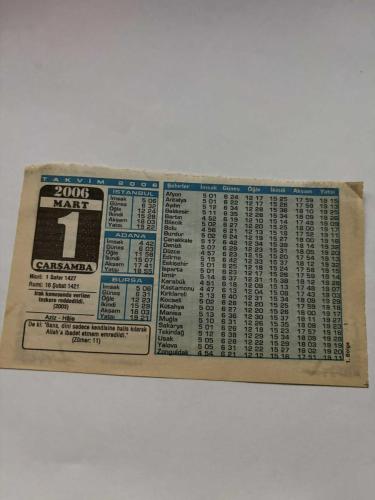 1 Mart 2006-Orijinal Takvim Yaprağı-Doğum Günü-Söz,Nişan,Nikâh,Düğün ve Önemli Günler Hediyesi-Bizim Anadolu Takvimleri-Ayet,Hadis (Zümer:11)-Irak Konusunda verilen tezkere reddedildi(2003)-Aziz,Hale-Ömer B. Hattab(r.a.)