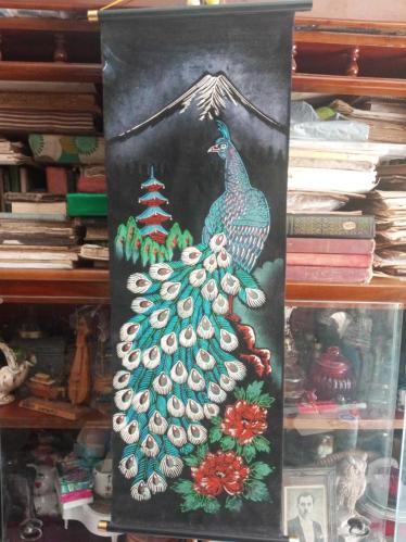 Vintage Bohem Sanatı Siyah Kadife Tavus Kuşu Fuji Dağı Pagotası 1970'ler Japonya El Yapımı çift  pano  80*35 cm