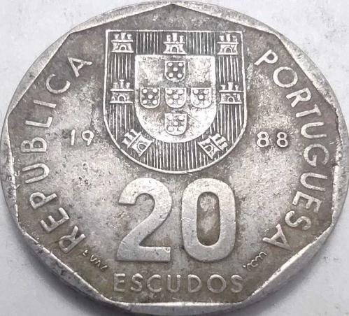 Portekiz 1988 20 Escudo - Portekiz Devlet Armalı ve Tarihi Yelkenli (Caravela) Temalı, Koleksiyonluk Bakır-Nikel Para