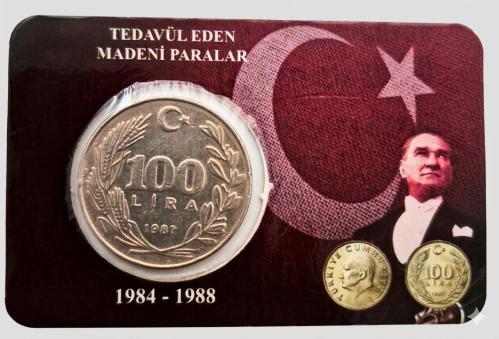100 Türk Lirası 1984-1988 Dönemi Madeni Yüz Türk Lirası Özel  Tanıtım Kartı Kapaması  içinde