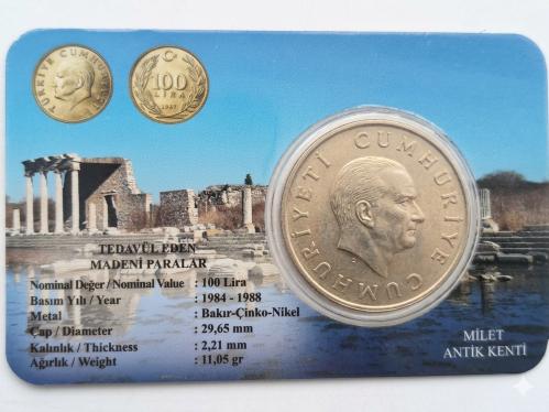 100 Türk Lirası 1984-1988 Dönemi Madeni Yüz Türk Lirası Özel  Tanıtım Kartı Kapaması  içinde