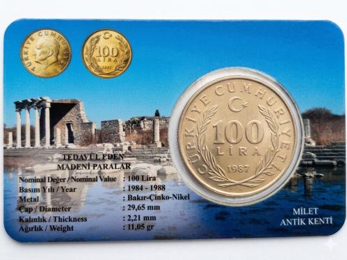 100 Türk Lirası 1984-1988 Dönemi Madeni Yüz Türk Lirası Özel  Tanıtım Kartı Kapaması  içinde