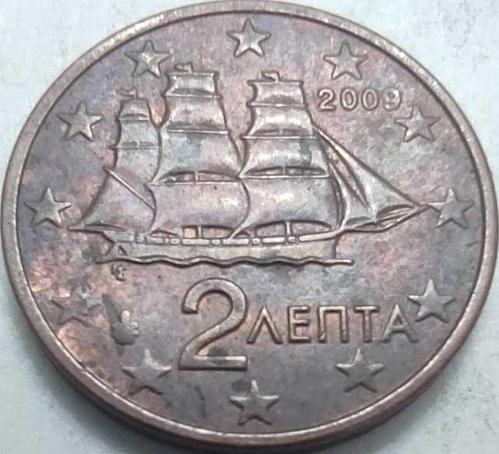 Yunanistan 2009 2 Euro Cent - Korvet (Naval Corvette) Gemi Temalı, Avrupa Birliği Bakır Kaplama Çelik Para