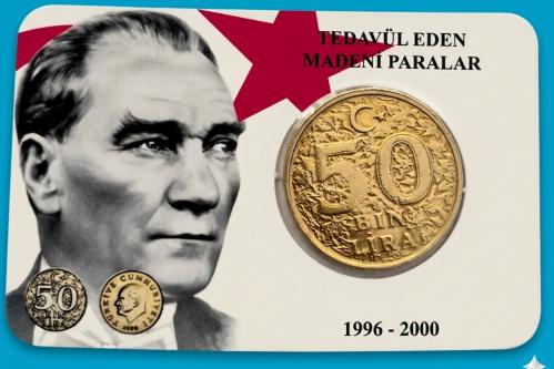 50,000 Türk Lirası 1996-2000 Dönemi Madeni Elli bin Türk Lirası Özel  Tanıtım Kartı Kapaması  içinde