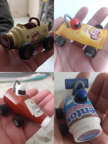 Kahve Cips Sakız Ketçap markalarının şişe kutu şeklinde mini model araba ları. Koleksiyon nostalji tasarım dekor hediye vintage retro hobi reklam promosyon minyatür diorama maskot süs