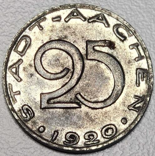 ( NOTGELD ) 1920 - WEIMAR CUMHURİYETİ / Aachen şehri - 25 Pfennigs (ÇOK ÇOK TEMİZ)
