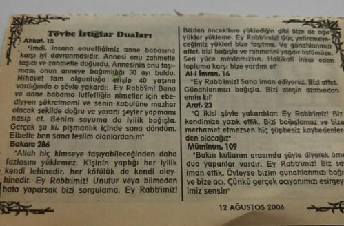12 Ağustos 2006-Orijinal Takvim Yaprağı-Doğum Günü-Söz,Nişan,Nikâh,Düğün ve Önemli Günler Hediyesi-Bizim Anadolu Takvimleri-Ayet,Hadis (Hz.Ali(r.a.))-Bulgaristan'da 250 bin Türk'ü sınır dışı etti(1950)-Arif,Hacer-Tövbe İstiğfar Duaları