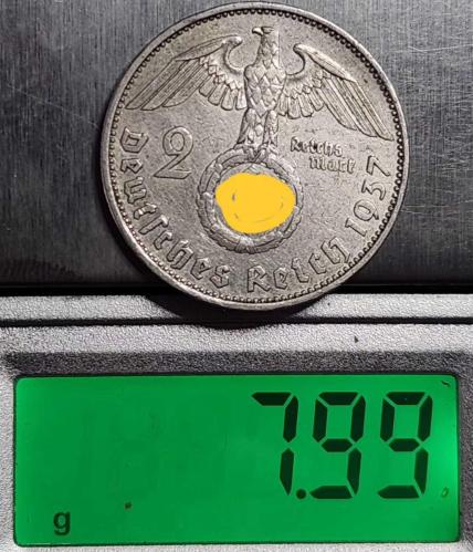 ( GÜMÜŞ ) 1937 - ALMANYA / Üçüncü Reich - 2 Reichsmark (A) - ( ÇİL ALTI )