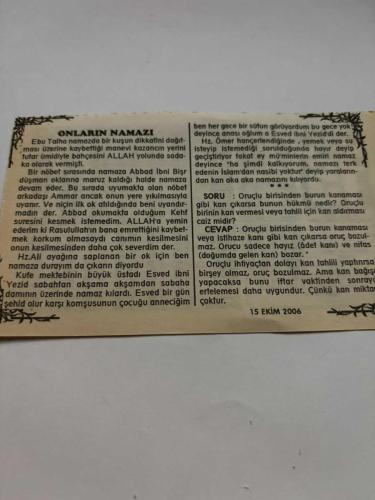 15 Ekim 2006-Orijinal Takvim Yaprağı-Doğum Günü-Söz,Nişan,Nikâh,Düğün ve Önemli Günler Hediyesi-Bizim Anadolu Takvimleri-Ayet,Hadis (Kaptan Cousteau)-Trablusgarp Osmanlı İdaresinden çıktı(1912)-Nezir,Kübra-Onların Namazı