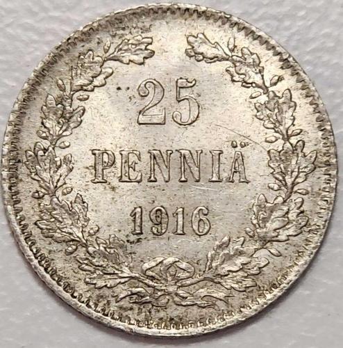 ( GÜMÜŞ ) 1916 - FİNLANDİYA - 25 Pennia (ÇOK ÇOK TEMİZ)