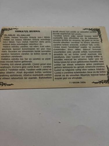 11 Kasım 2006-Orijinal Takvim Yaprağı-Doğum Günü-Söz,Nişan,Nikâh,Düğün ve Önemli Günler Hediyesi-Bizim Anadolu Takvimleri-Ayet,Hadis (Mü'minun,60)-Osmanlı Devleti I. Dünya Savaşı'na Girdi(1914)-Lütfullah,Tahire-Esma'ul Husna