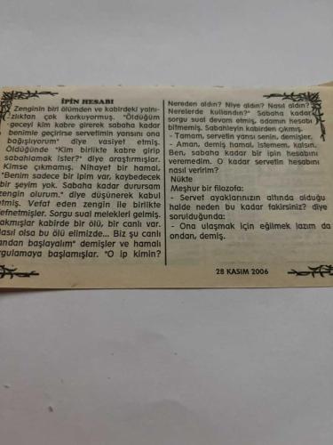 28 Kasım 2006-Orijinal Takvim Yaprağı-Doğum Günü-Söz,Nişan,Nikâh,Düğün ve Önemli Günler Hediyesi-Bizim Anadolu Takvimleri-Ayet,Hadis (Nisa,53)-Kanuni'nin Bağdat'ı Fethi(1534)-Mübeşşir,Zekiyye-İpin Hesabı