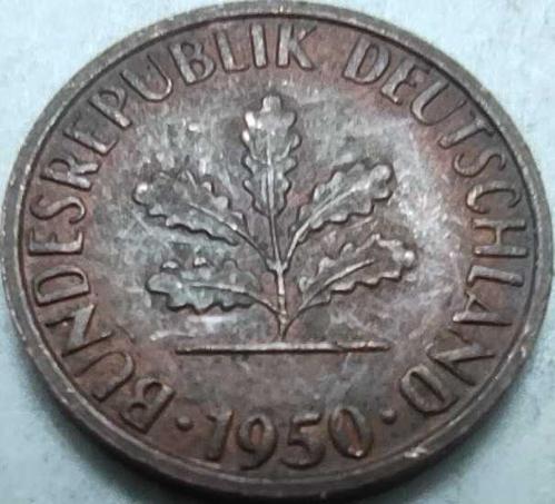 Almanya 1950 1 Pfennig - Meşe Dalı Motifli, Stuttgart (F) Darphane Baskısı, Erken Dönem Alman Markı Koleksiyon Para