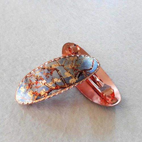 Bakır saç tokası. Van Gogh Badem Çiçeği - Almond Blossom 1890 toka.Kenarları diamond cut-kalem işçilikli ve ışıltılıdır.