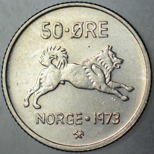 NORVEÇ 50 ÖRE 1973 GEYİK AVI İÇİN ELKHOUND KÖPEĞİ TEMALI. ÇİL(-)