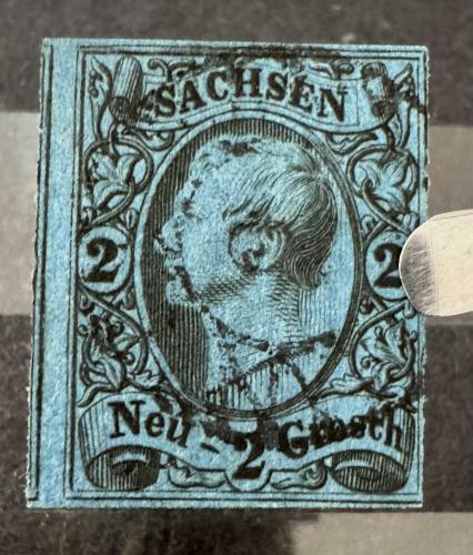 LOT.3 » Alman Devletleri - Saksonya Scott #11 Kullanılmış VF 1855 2 Neu-Groschen Siyah Mavi Üzerine