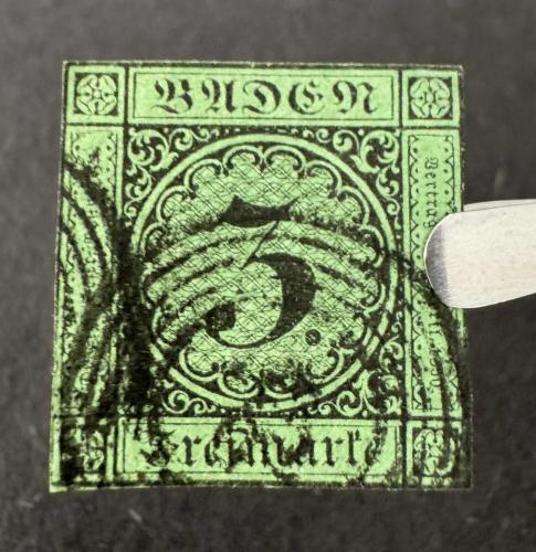LOT.10 » Almanya Eyaletleri 1853 Baden 3 Kr Siyah/Yeşil Scott #7