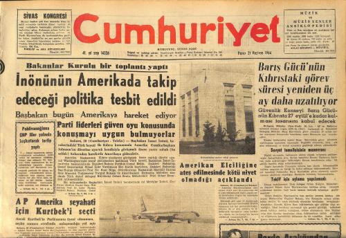 Cumhuriyet Gazetesi 21 Haziran 1964 - Galatasaray İzmir'de Türkiye Kupası İçin İddialı Altay İle Oynuyor