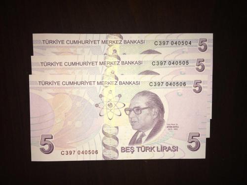 9. EMİSYON 5 TÜRK LİRASI  C 397 040504-040505-040506  3 LÜ SERİ ÇİL TCB 0874