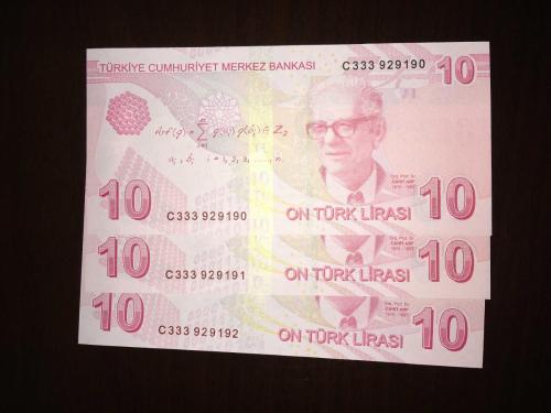 9. EMİSYON 10 TÜRK LİRASI  C 333 929190-929191-929192  3 LÜ SERİ ÇİL TCB 0098