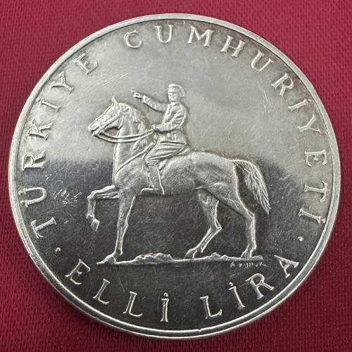 Türkiye 50 Lira 1972. 900 Ayar Gümüş. 30. Ağustos Başkomutanlık Meydan Muharebesi Zaferinin 50.Yılı