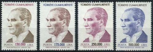 Koleksiyon Pulları,1998 Atatürk Portreli 4 Pulluk Damgasız Tam Seri Sürekli Seri,Kia-138