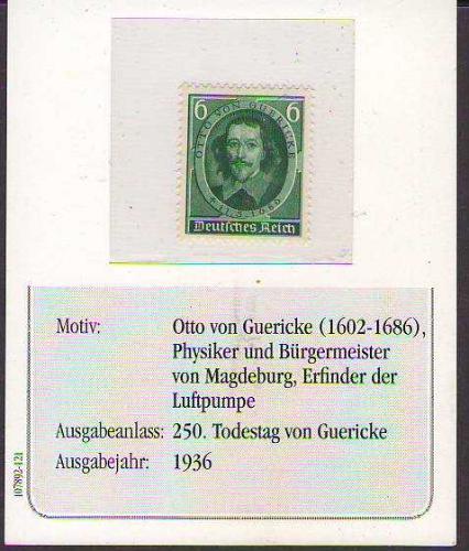 Alman Reich 1936 Otto von Guericke 250. Ölüm Yılı 6 Pfennig Pul
