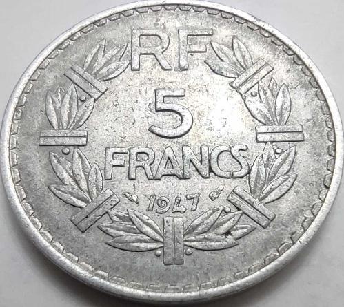 Fransa 1947 5 Frank - Marianne Portreli Lavrillier Tasarımı Alüminyum Koleksiyon Para