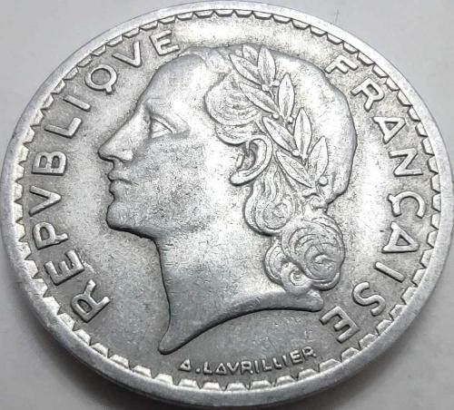 Fransa 1947 5 Frank - Marianne Portreli Lavrillier Tasarımı Alüminyum Koleksiyon Para