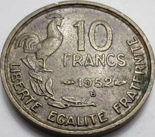 Fransa 1952 10 Frank - Georges Guiraud Tasarımı, Marianne ve Horoz Motifli Bronz-Alüminyum Para
