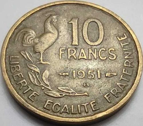 Fransa 1951 10 Frank - Georges Guiraud Tasarımı, Marianne ve Galyalı Horozu Motifli Bronz-Alüminyum Para