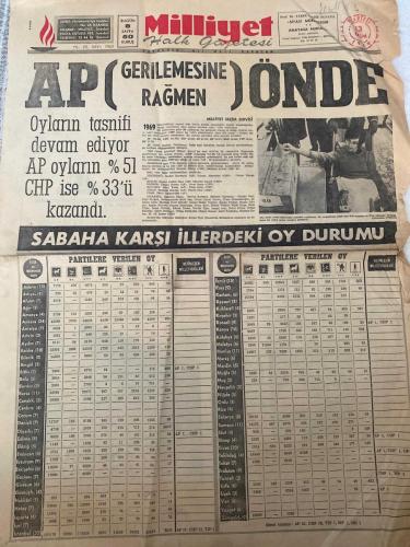 MİLLİYET GAZETESİ - DOĞUM GÜNÜ HEDİYESİ (TURKISH NEWSPAPPER) - 13 EKİM 1969 - SADECE İKİ SAYFADIR -Ali Naci Karacan-Turhan Feyzioğlu-Talat Asal-Mehmet Albayrak-Orhan Öztrak-Mümtaz Akış-Cevat Sayın-Necati Erim-Ferit Melen-Ferruh Bozbeyli-Mehmet Yardımcı-Osman Özer-İhsan Dürüoğlu-İlhan Aküzüm-Fevzi İşbaşaran-Turan Dürümlüoğlu-İlhami Soysal-Fuat Günday-İsmail Hakkı Tekinel-Hasan Türkay-Hasan Genç-Ahmet Türkün-Şükrü Soylu-Necmi Önder-Uğur İsmail Ergün-Mithat Baydur-Selahattin Kılıçlar-Fevzi Özlüer-Orhan Akyürek-İsmet Sezgin-Abdi İpekçi-Burhan Felek-İsmet Giritli-Kemal Bilbaşar-Halit Bekiroğlu-İsmet İnönü-Jerry Brock-AP gerilemesine rağmen önde-Oyların tasnifi devam ediyor-AP oyların yüzde 51 CHP ise yüzde 33’ü kazandı-Sabaha karşı illerdeki oy durumu-Partilere verilen oy-Kemalizm ve dinsel esaslar-Laçilerini giyerek meclise gidecekler-Cızzz-Sahibi kim-Düşünenlerin düşünceleri-1961 Anayasası Atatürkçü laikliği temel ideolojik bir prensip saymıştı-Yazan Prof. Dr. İsmet Giritli-Batı taklitçil